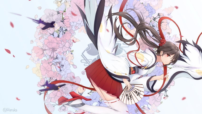 azur_lane brown_hair commentary_request female flower folding_fan hair_flower hair_ornament hand_fan haruka_poi highres japanese_clothes kimono legs_together long_hair long_sleeves looking_at_viewer miniskirt petals platform_footwear pleated_skirt red_eyes red_footwear ribbon skirt smile solo thighhighs twintails twitter_username white_thighhighs wide_sleeves zuikaku_(azur_lane)