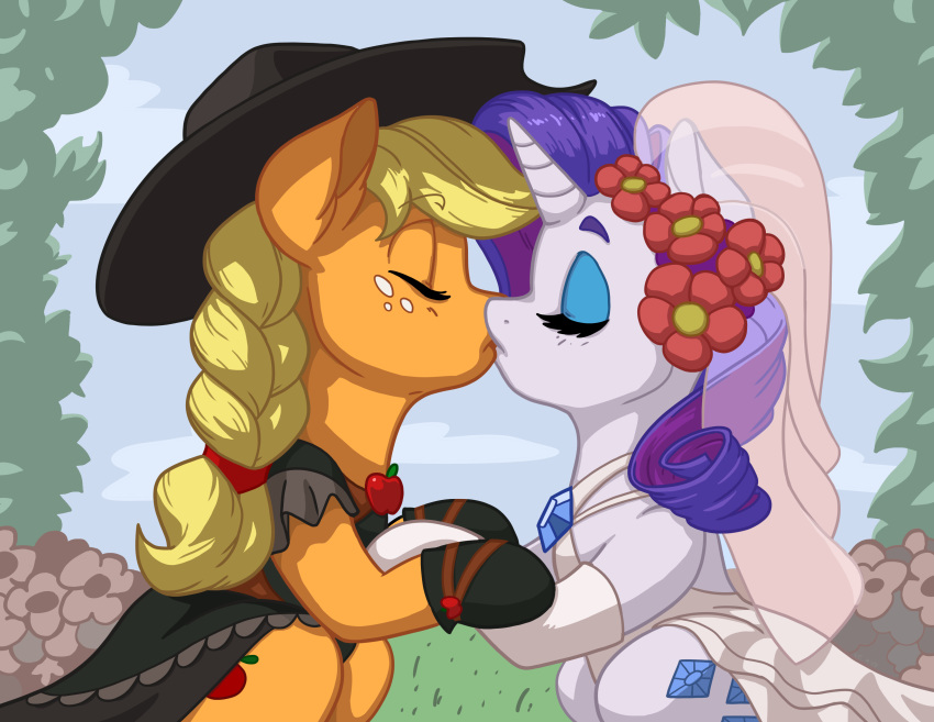 2019 absurd_res applejack_(mlp) blonde_hair blue_eyeshadow clothing cowboy_hat dress duo equid equine eyeshadow female female/female friendship_is_magic gloves hair handwear hasbro hat headgear headwear hi_res horn horse kiss_on_lips kissing latecustomer makeup mammal my_little_pony mythological_creature mythological_equine mythology orange_body pony ponytail purple_hair rarity_(mlp) unicorn veil wedding wedding_dress wedding_veil white_body