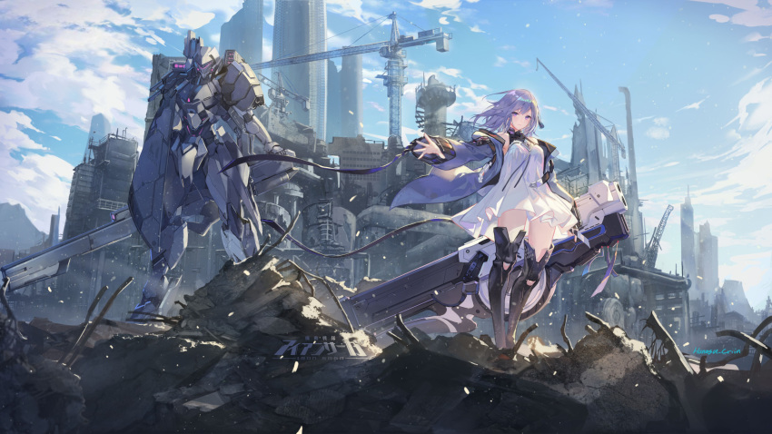 building city clouds criin_(659503) dress iron_saga long_hair mecha purple_eyes purple_hair ruins signed sky teresa_(iron_saga) thighhighs weapon