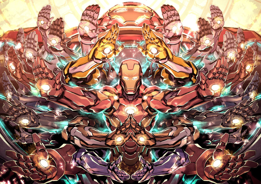 1boy armor avengers:_endgame avengers:_infinity_war avengers_(series) backlighting commentary dual_persona extra_arms glowing glowing_eyes glowing_hand helmet highres hulkbuster iron_man iron_man_(series) kuji-in looking_at_viewer male_focus marvel marvel_cinematic_universe meditation miwa_shirow outstretched_arms own_hands_together palms power_armor standing superhero_costume tony_stark too_many