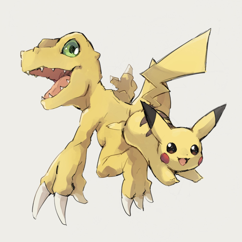 agumon claws crossover digimon digimon_(creature) green_eyes highres looking_at_viewer no_humans pikachu pokemon pokemon_(creature) simple_background smile takase_(takase1214)