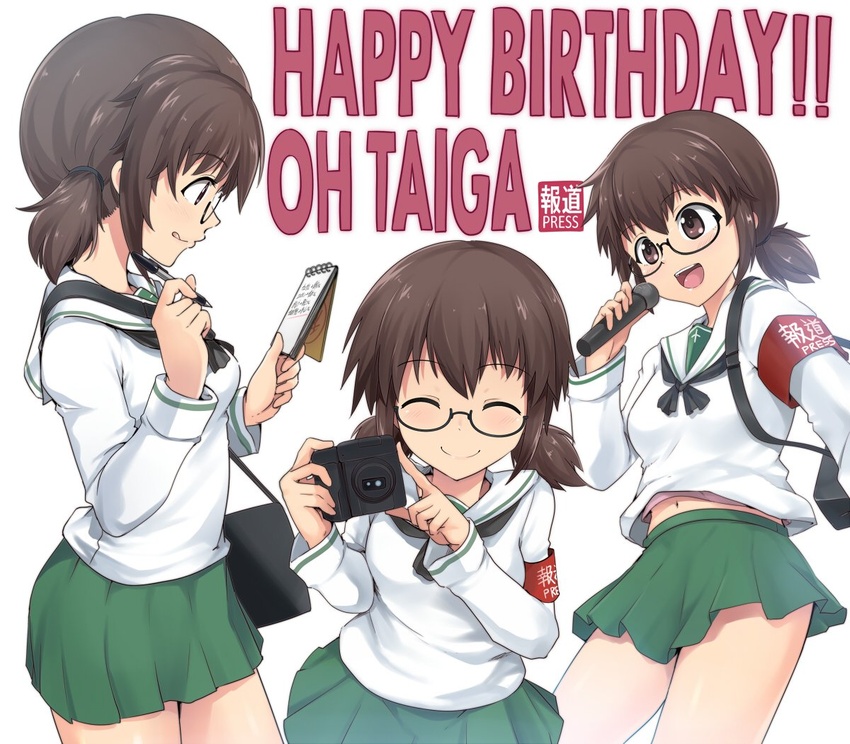 :q armband bag black-framed_eyewear black_neckerchief blouse brown_eyes brown_hair camera carrying character_name closed_mouth commentary english_text facing_viewer female from_side girls_und_panzer glasses green_skirt hair_tie happy_birthday holding holding_camera holding_microphone holding_notepad holding_pen kasai_shin long_sleeves microphone miniskirt multiple_views navel neckerchief notepad ooarai_school_uniform open_mouth ou_taiga pen pleated_skirt satchel school_uniform semi-rimless_eyewear serafuku shirt short_hair skirt smile standing tongue tongue_out twintails under-rim_eyewear white_background white_shirt