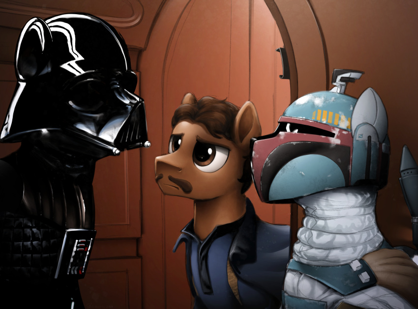 2019 absurd_res boba_fett brown_eyes clothed clothed_feral clothing darth_vader earth_pony equid equine feral group hair hasbro hi_res horse lando_calrissian male mammal mandalorian my_little_pony ponification pony selenophile star_wars