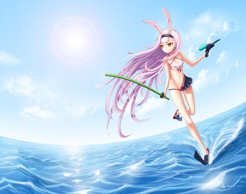 absurdres animal_ears asymmetrical_clothes asymmetrical_legwear azur_lane bare_shoulders breasts cleavage_cutout clothing_cutout cloud commentary_request dated day english_text female groin hairband highres long_hair navel ocean pink_hair rabbit_ears shimakaze_(azur_lane) skirt small_breasts solo swimsuit uneven_legwear uranophane water water_gun yellow_eyes