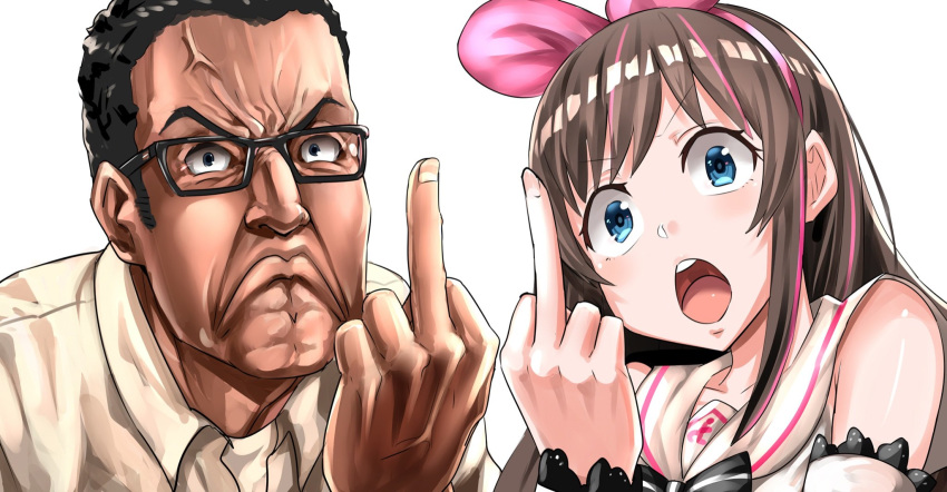 1boy anger_vein angry angry_video_game_nerd black_hair blue_eyes brown_hair collared_shirt commentary crossover drums_(artist) female frown furrowed_brow glasses hairband highres james_rolfe kizuna_ai kizuna_ai_inc. long_hair middle_finger multicolored_hair open_mouth pink_hairband sailor_collar shirt simple_background sleeveless sleeveless_shirt streaked_hair trait_connection upper_body veins virtual_youtuber white_background