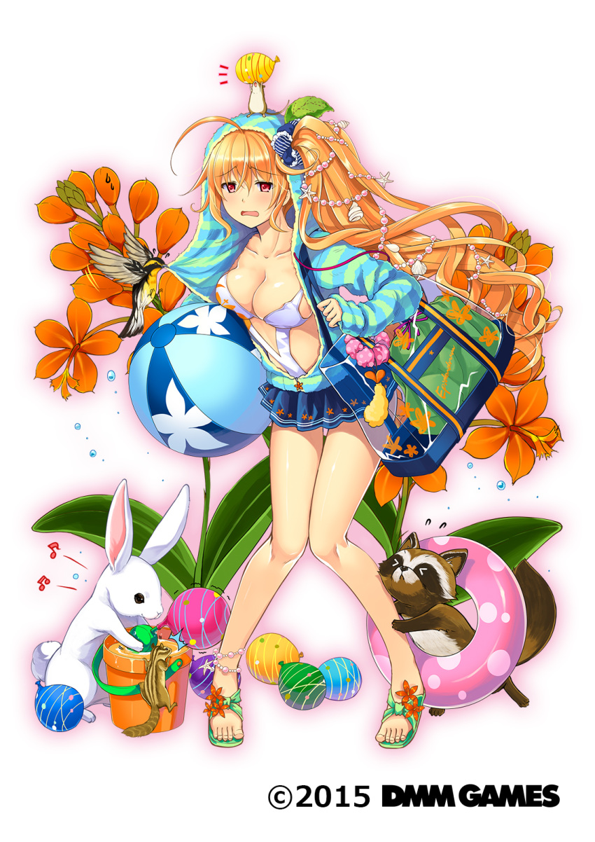 2015 ahoge animal animal_on_head anklet bag ball bare_legs beachball beads beamed_eighth_notes bird blue_scrunchie blue_skirt blush breasts bucket casual_one-piece_swimsuit city_forest_online cleavage collarbone copyright_name eighth_note epidendrum_(flower_knight_girl) female flower flower_knight_girl food full_body grimace hair_beads hair_between_eyes hair_ornament hamster highres holding holding_ball holding_beachball hood hooded_jacket innertube jacket jewelry knees_together_feet_apart large_breasts leaning_forward long_hair long_sleeves looking_at_viewer miniskirt musical_note name_connection object_namesake official_art on_head one-piece_swimsuit open_clothes open_jacket open_mouth orange_hair orchid photoshop_(medium) plant pleated_skirt rabbit raccoon red_eyes sandals scrunchie seashell shell shell_hair_ornament shoulder_bag shrimp shrimp_tempura side_ponytail skirt sleeves_past_wrists squirrel standing striped_clothes striped_jacket swim_ring swimsuit swimsuit_under_clothes tempura thigh_gap toes very_long_hair water_yoyo watermark wavy_hair white_background