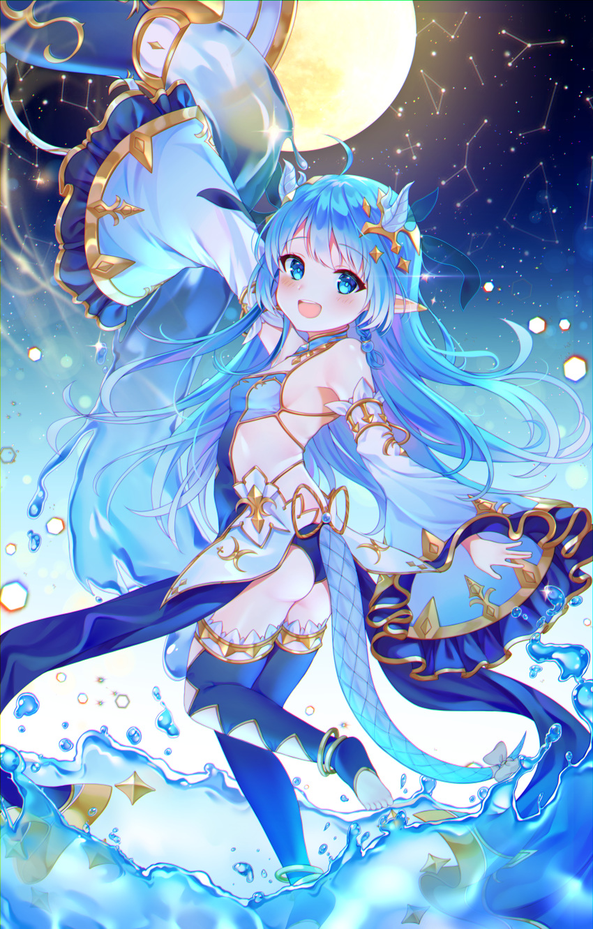 :d absurdres arm_up armpits ass back bad_id bad_pixiv_id bare_shoulders blue_dress blue_eyes blue_hair blue_thighhighs blush breasts cauldron chromatic_aberration commentary_request constellation detached_sleeves dragon_girl dragon_tail dress female full_moon highres king's_raid lilia_(king's_raid) long_hair long_sleeves looking_at_viewer moon moonlight open_mouth outstretched_arms pointy_ears reel_(riru) sidelocks small_breasts smile solo tail thighhighs toes water wide_sleeves