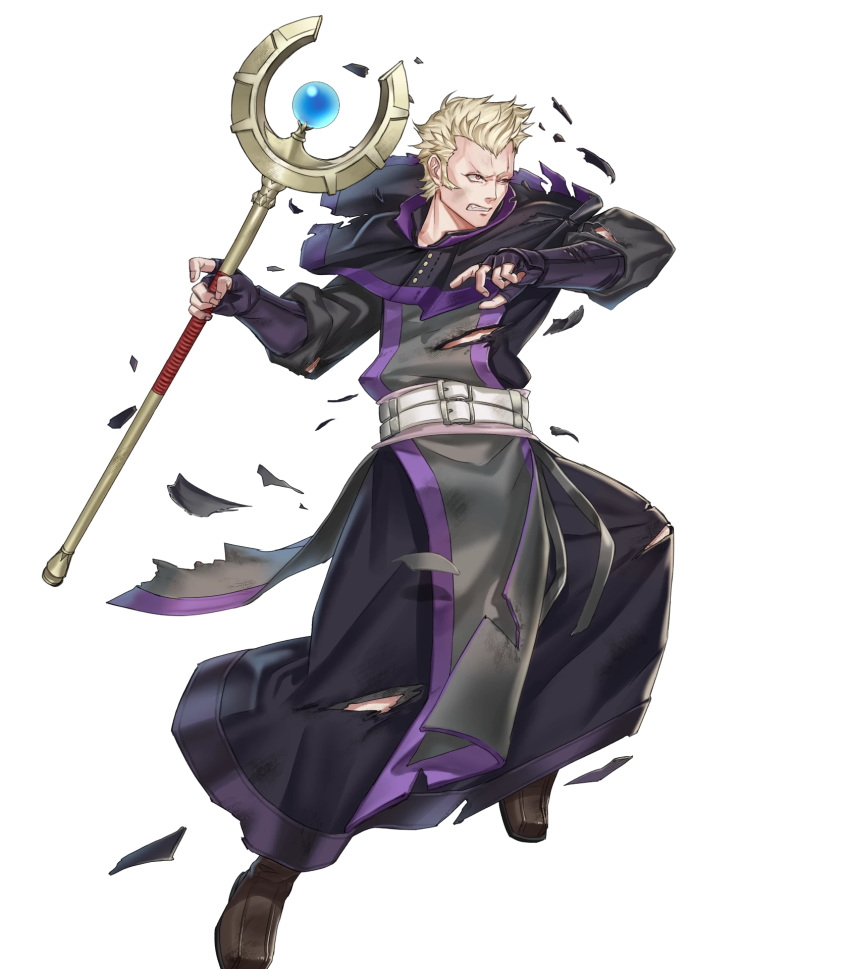 1boy belt blonde_hair boots brady_(fire_emblem) brown_eyes clover_k fingerless_gloves fire_emblem fire_emblem_awakening fire_emblem_heroes full_body gloves highres male_focus official_art one_eye_closed scar solo staff teeth torn_clothes transparent_background