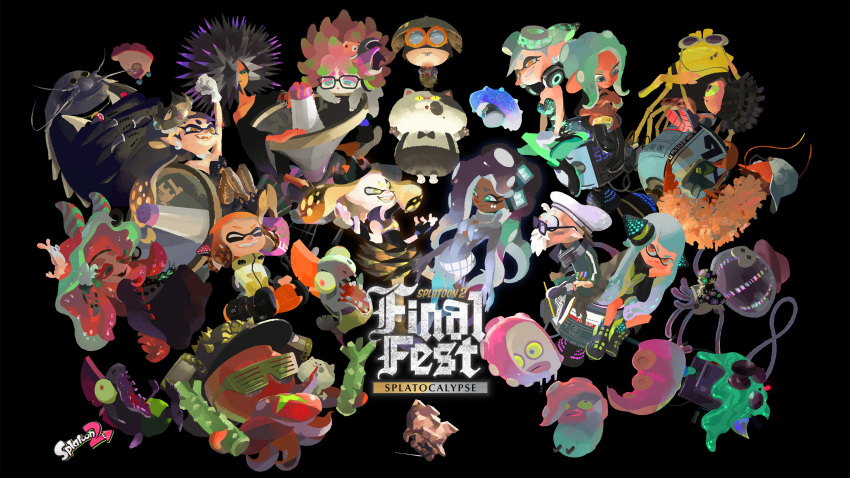 absurdres agent_3_(splatoon) agent_4_(splatoon) agent_8_(splatoon) annie_(splatoon) beret bizen_(splatoon) black_background c.q._cumber_(splatoon) callie_(splatoon) cap'n_cuttlefish commander_tartar commentary_request copyright_name craymond_(splatoon) crossed_arms crown crusty_sean dark_skin dj_octavio flow_(splatoon) formal grin hat highres hyper_bomb_(splatoon) inkling inkling_girl inkling_player_character inoue_seita judd_(splatoon) kumasan_(splatoon) li'l_judd_(splatoon) marie_(splatoon) marina_(splatoon) megaphone moe_(splatoon) murch_(splatoon) octoling octoling_player_character official_art pearl_(splatoon) phone princess_cannon_(splatoon) salmonid sheldon_(splatoon) shiganii_(splatoon) shutter_shades sitting slime_(substance) smile splatoon_(series) splatoon_2 spyke_(splatoon) squidbeak_splatoon suit sunglasses tentacle_hair wasabi