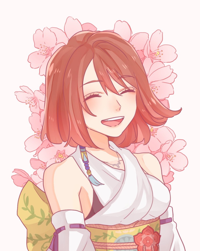 :d ^_^ bad_id bad_twitter_id bare_shoulders brown_hair closed_eyes detached_sleeves female final_fantasy final_fantasy_x flower hair_between_eyes highres japanese_clothes jewelry necklace obi open_mouth pink_flower ribbon-trimmed_sleeves ribbon_trim sash short_hair smile solo teeth toufu_(toufu_53) upper_body white_background yuna_(ff10)