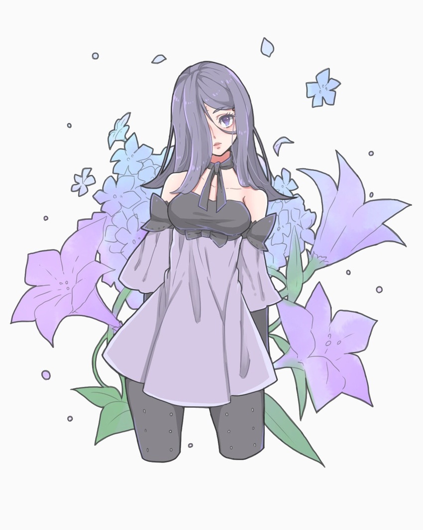 bad_id bad_twitter_id bare_shoulders black_legwear blue_flower breasts cropped_legs drag-on_dragoon drag-on_dragoon_3 dress female flower forehead_tattoo hair_over_one_eye head_tilt highres leaf long_hair looking_at_viewer medium_breasts number_tattoo pantyhose petals purple_eyes purple_flower purple_hair roman_numeral sleeves_past_elbows tattoo three_(drag-on_dragoon) toufu_(toufu_53) white_background