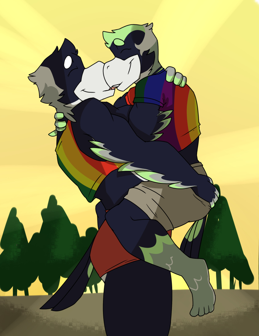 2019 absurd_res accipitrid accipitriform american_football anthro avian beak beak_kiss bird blitz_the_seahawk boom_(seahawks) carrying_another carrying_partner closed_eyes clothing crop_top digital_media_(artwork) duo eagle feathers hi_res hug kissing lgbt_pride male male/male mascot multicolored_clothing multicolored_crop_top multicolored_shirt multicolored_t-shirt multicolored_tank_top multicolored_topwear muscular nfl outside pattern_clothing pride_color_clothing pride_color_crop_top pride_color_shirt pride_color_t-shirt pride_color_tank_top pride_color_topwear pride_colors rainbow rainbow_pride_clothing rainbow_pride_colors rainbow_symbol seattle_seahawks shirt six-stripe_rainbow_pride_colors size_difference sport striped_clothing stripes sylvanedadeer t-shirt tank_top tongue topwear wings