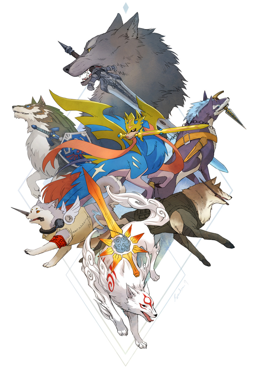 amaterasu_(ookami) angel_wings armband blue_eyes canine commentary crossover dagger dark_souls_(series) dark_souls_i diamond_dog english_commentary fangs great_grey_wolf_sif greatsword highres hylian_shield knife koromaru_(persona) kunai leash link markings master_sword metal_gear_(series) metal_gear_solid_v:_the_phantom_pain mouth_hold multiple_crossover okami persona persona_3 photoshop_(medium) pokemon pokemon_(creature) repede_(tales) revision sandara shield shield_on_back simple_background smile sword tail tales_of_(series) tales_of_vesperia the_legend_of_zelda the_legend_of_zelda:_twilight_princess trait_connection vest weapon white_background wings wolf wolf_link yellow_eyes zacian zacian_(crowned)