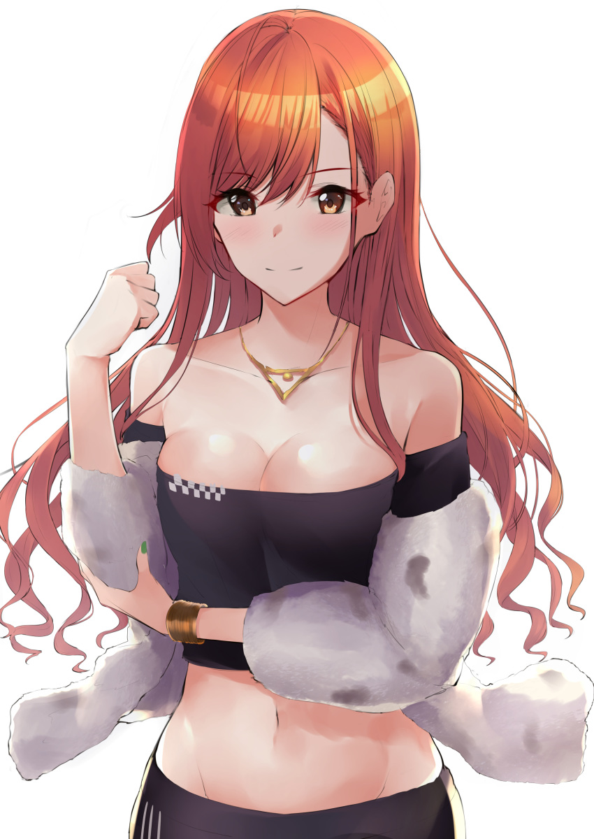 absurdres arisugawa_natsuha bare_shoulders black_shirt blush breasts brown_eyes cleavage closed_mouth collarbone commentary_request crop_top cropped_shirt female fur_jacket highres idolmaster idolmaster_shiny_colors jacket long_hair looking_at_viewer medium_breasts megurumiru midriff navel off_shoulder red_hair shirt simple_background smile solo swept_bangs white_background white_jacket