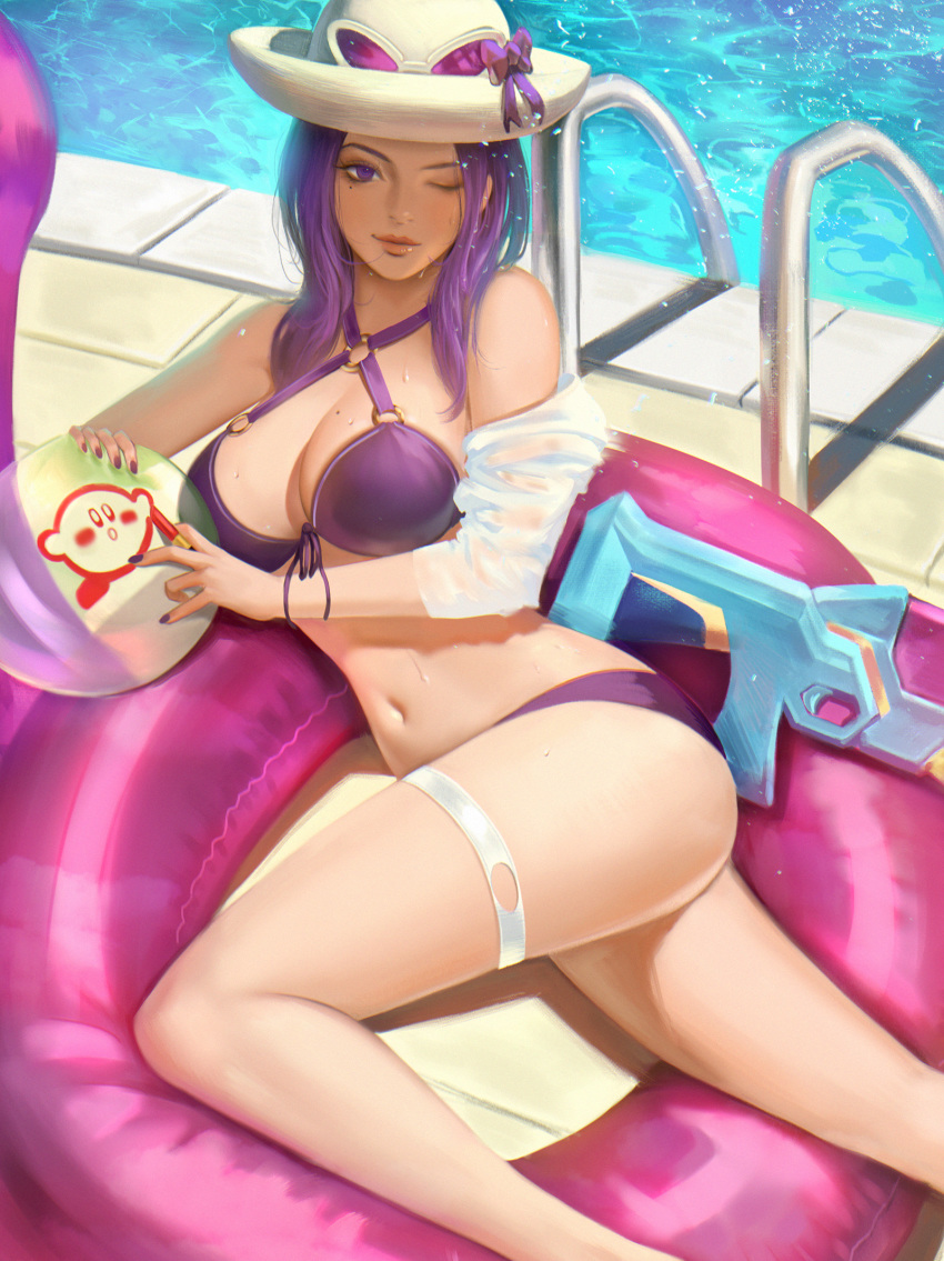 ball bare_shoulders beachball bikini bow breasts caitlyn_(league_of_legends) cleavage commentary day english_commentary female hat highres innertube kirby kirby_(series) league_of_legends legs lips medium_breasts mole mole_on_breast mole_under_eye nail_polish navel o-ring o-ring_bikini off_shoulder one_eye_closed outdoors pool pool_party_(league_of_legends) pool_party_caitlyn purple_bikini purple_bow purple_eyes purple_hair purple_nails solo stomach summer sun_hat sunglasses swim_ring swimsuit thaumazo thigh_strap water water_gun wet