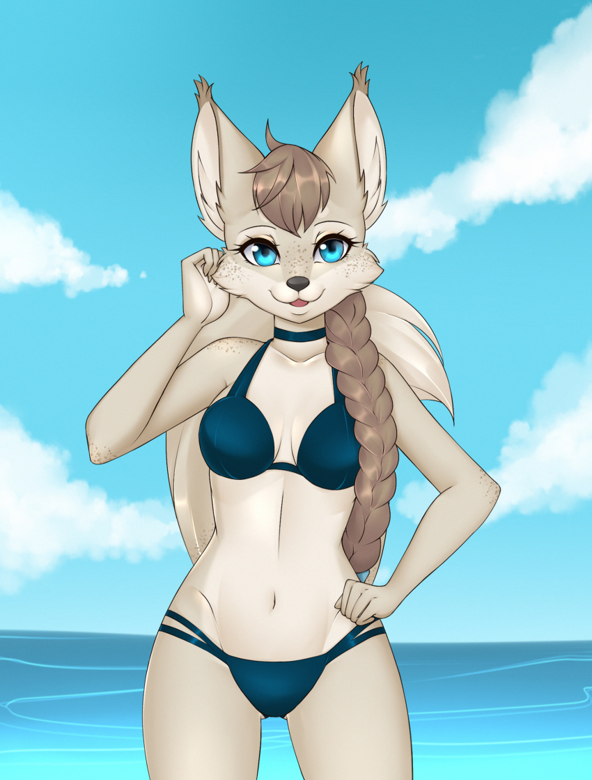 beach bikini bikini_bottom bikini_top braided_hair breasts canid canine canis cleavage clothed clothing eyewear felid feline female godje_(nightdancer) hair hi_res hybrid looking_at_viewer lynx mammal midriff pinup pose seaside simple_background solo spots sunglasses swimwear wolf yonachka_doki