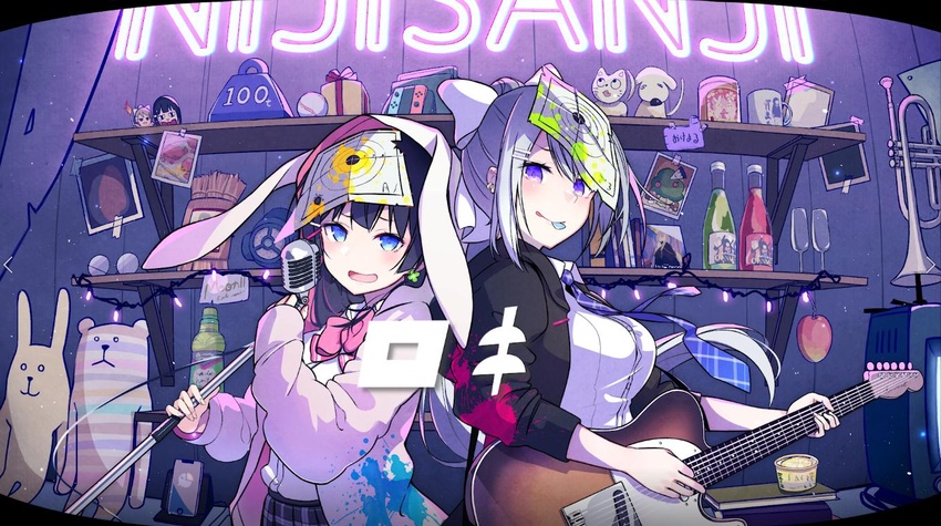 2girls animal_ears animal_hood black_hair black_jacket blue_eyes blush bow brat_(brabrabrat00) breasts commentary doll figure guitar hair_ornament hairbow hairclip higuchi_kaede holding holding_instrument holding_microphone holding_microphone_stand hood hood_up indoors instrument jacket large_breasts long_hair long_sleeves looking_at_viewer microphone microphone_stand mouth_hold multiple_girls necktie nijisanji open_mouth paper_on_head plectrum plectrum_in_mouth ponytail purple_eyes purple_necktie rabbit_ears rabbit_hood roki_(vocaloid) sleeves_past_wrists song_name target tongue tongue_out tsukino_mito upper_body very_long_hair virtual_youtuber white_bow white_hair