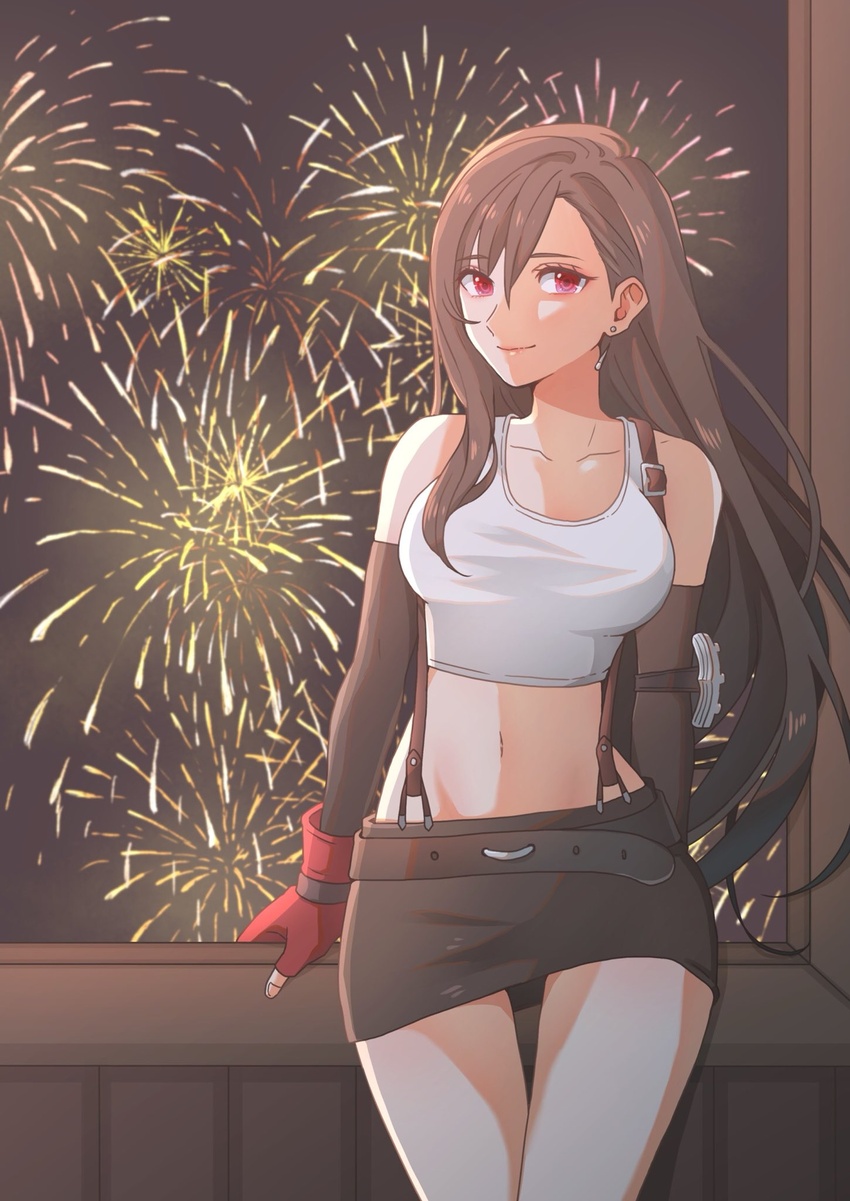 bad_id bad_twitter_id bare_shoulders belt black_belt black_hair black_skirt breasts closed_mouth collarbone cowboy_shot crop_top earrings female final_fantasy final_fantasy_vii fingerless_gloves fingernails fireworks gloves gondola hair_between_eyes highres jewelry large_breasts long_hair looking_at_viewer midriff miniskirt navel pencil_skirt pink_eyes red_gloves shirt single_earring skirt smile solo suspender_skirt suspenders tank_top tifa_lockhart toufu_(toufu_53) very_long_hair white_shirt