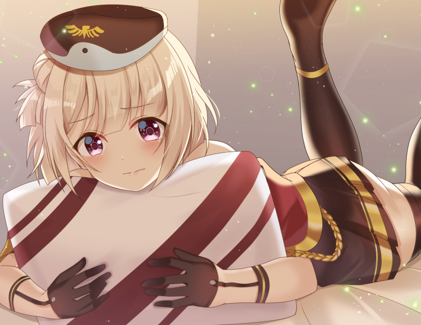 ass azur_lane bad_id bad_pixiv_id bed beret black_gloves black_thighhighs blonde_hair blush commentary_request female gloves hair_bun hat hugging_object legs_up leipzig_(azur_lane) looking_at_viewer lying nonozaki on_stomach pillow pillow_hug pink_eyes platinum_blonde_hair short_hair single_hair_bun solo thighhighs