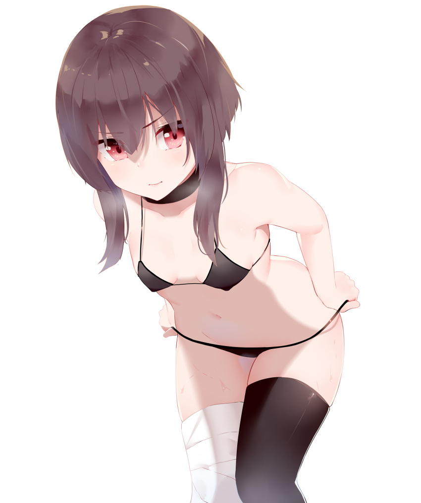 asymmetrical_legwear bandaged_leg bandages bare_arms bare_shoulders bikini bikini_pull black_bikini black_choker black_hair black_thighhighs breasts breasts_apart choker closed_mouth clothes_pull collarbone commentary covered_nipples cowboy_shot female groin hair_between_eyes highres kono_subarashii_sekai_ni_shukufuku_wo! leaning_forward looking_at_viewer megumin mengo mismatched_legwear navel pulling_own_clothes red_eyes short_hair_with_long_locks sidelocks simple_background single_thighhigh small_breasts smile solo standing stomach strap_gap swimsuit thighhighs underboob white_background