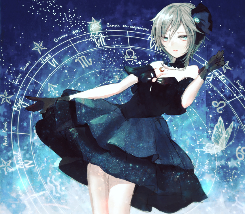 anastasia_(idolmaster) aquarius_(symbol) black_dress black_gloves black_neckwear blue_eyes breasts bug butterfly cancer_(symbol) choker cleavage commentary_request constellation crescent crescent_necklace dress female gemini_(symbol) gloves grey_hair hair_between_eyes hair_ornament half-closed_eyes hand_up highres idolmaster idolmaster_cinderella_girls jewelry layered_dress leaning_back leo_(symbol) libra_(symbol) medium_breasts necklace off-shoulder_dress off_shoulder parted_lips project_krone_(idolmaster) rum_raisin_(chihiromakita19) sagittarius_(symbol) scorpio_(symbol) short_hair sky smile solo space star_(sky) star_(symbol) starry_background starry_sky starry_sky_print zodiac_wheel