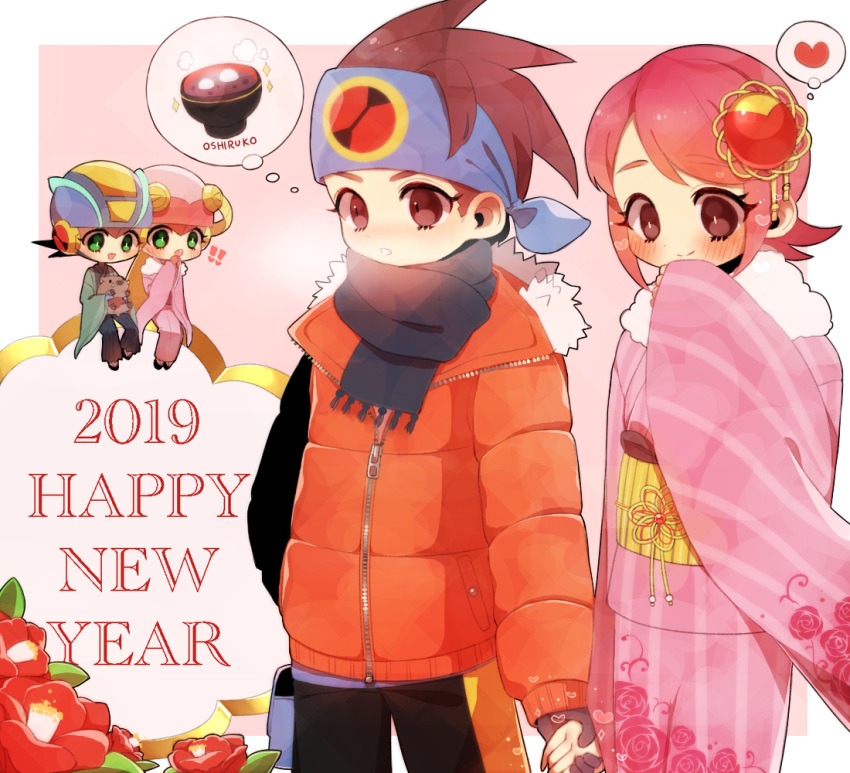 2019 2boys 2girls bad_id bad_pixiv_id blush brown_eyes brown_hair commentary_request flower green_eyes hair_ornament happy_new_year headband heart helmet japanese_clothes kimono lan_hikari_(mega_man) mayl_sakurai_(mega_man) mega_man_(series) mega_man_battle_network_(series) megaman.exe multiple_boys multiple_girls netnavi new_year obi pink_hair roll.exe_(mega_man) sash scarf short_hair smile thought_bubble uru-arrow wide_sleeves