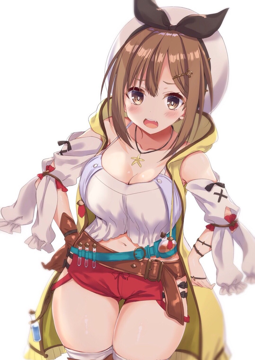 atelier_(series) atelier_ryza atelier_ryza_1 belt blush breasts brown_eyes buckle commentary_request female hair_ornament hairclip hat highres honoka_chiffon jewelry large_breasts looking_at_viewer navel necklace reisalin_stout short_shorts shorts solo thick_thighs thighhighs thighs