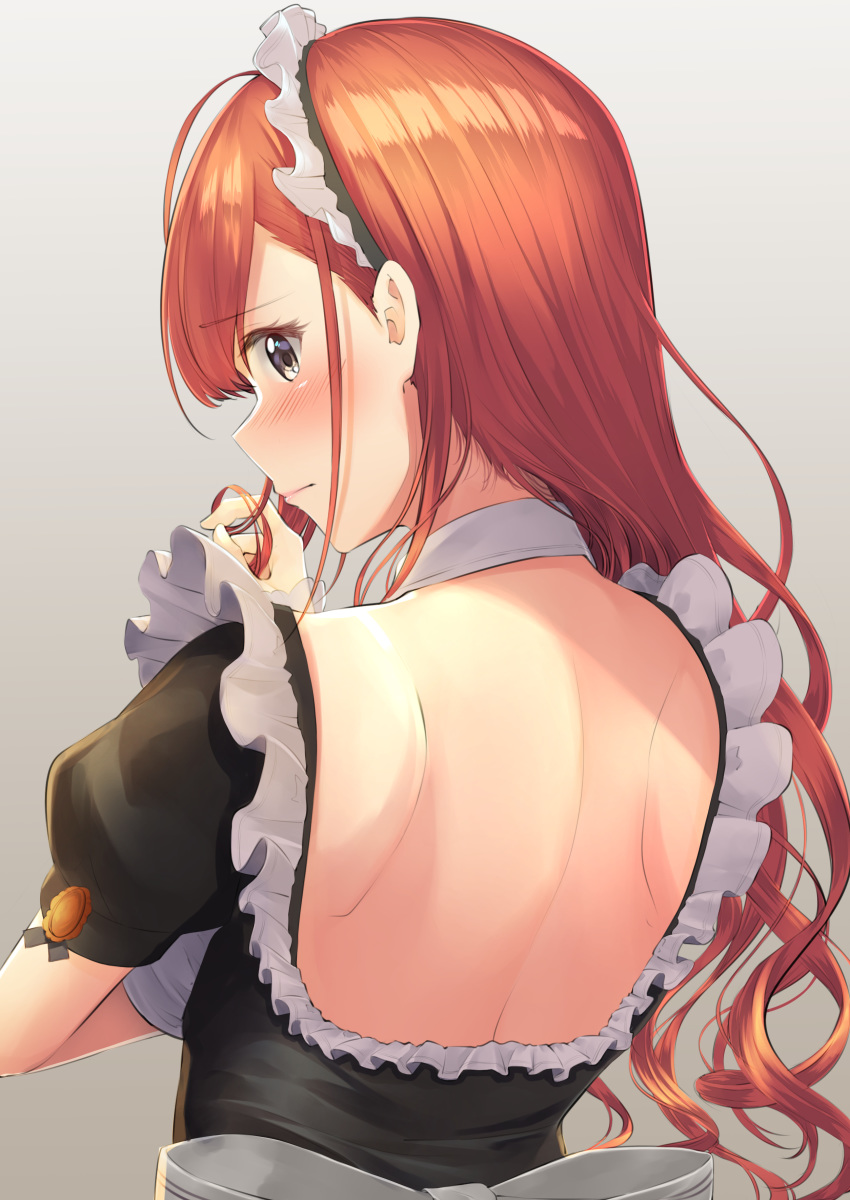 absurdres arisugawa_natsuha back back_bow back_focus backless_outfit bare_back black_dress blush bow breasts brown_hair closed_mouth commentary_request dress embarrassed female frilled_dress frills from_behind highres idolmaster idolmaster_shiny_colors light_frown long_hair looking_back maid maid_headdress medium_breasts megurumiru profile puffy_short_sleeves puffy_sleeves red_hair short_sleeves shoulder_blades solo twirling_hair upper_body wavy_hair white_bow