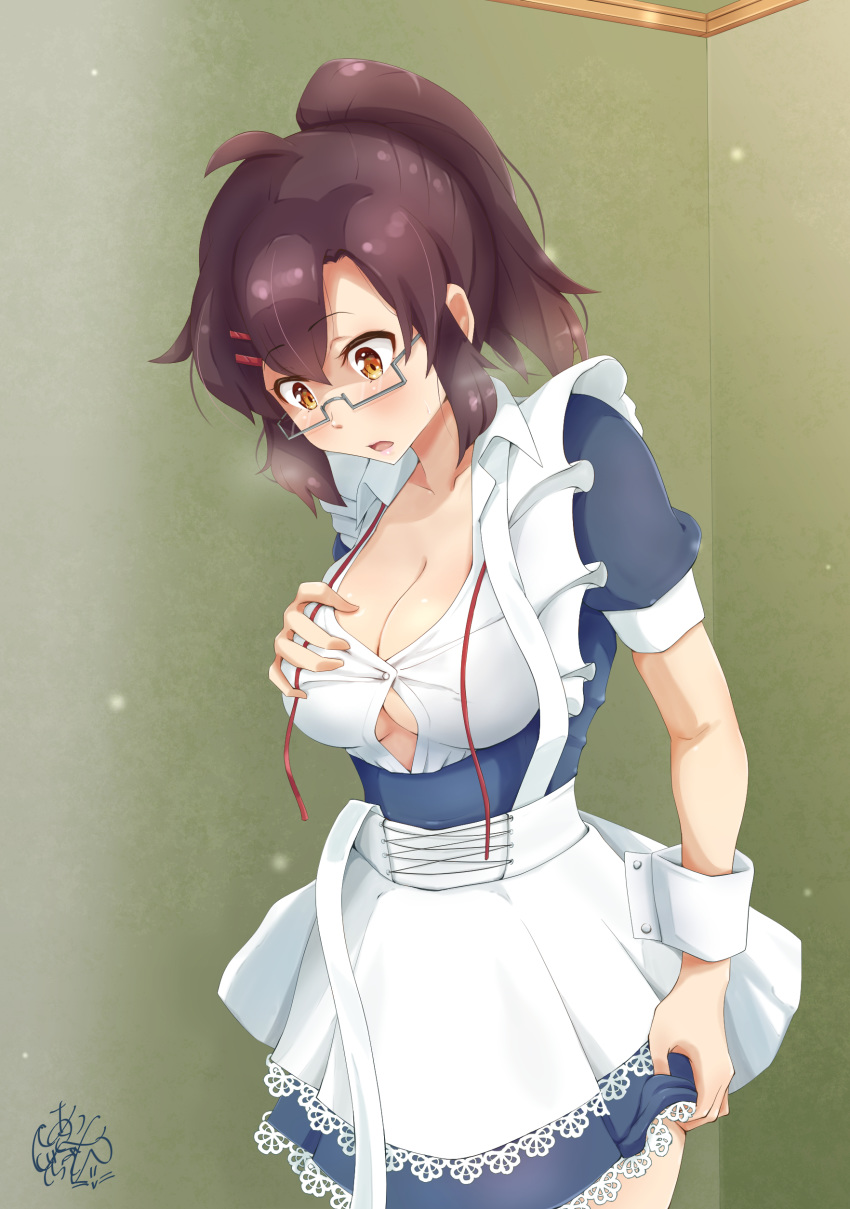 absurdres ahoge alternate_costume apron black-framed_eyewear blush breasts brown_hair bursting_breasts button_gap cleavage collarbone commentary_request enmaided female glasses hair_ornament hairclip hand_on_own_chest highres island_lagoon kouenji_(sewayaki_kitsune_no_senko-san) large_breasts lips long_hair maid maid_apron maid_headdress open_mouth ponytail sewayaki_kitsune_no_senko-san solo surprised sweat undersized_clothes waist_apron