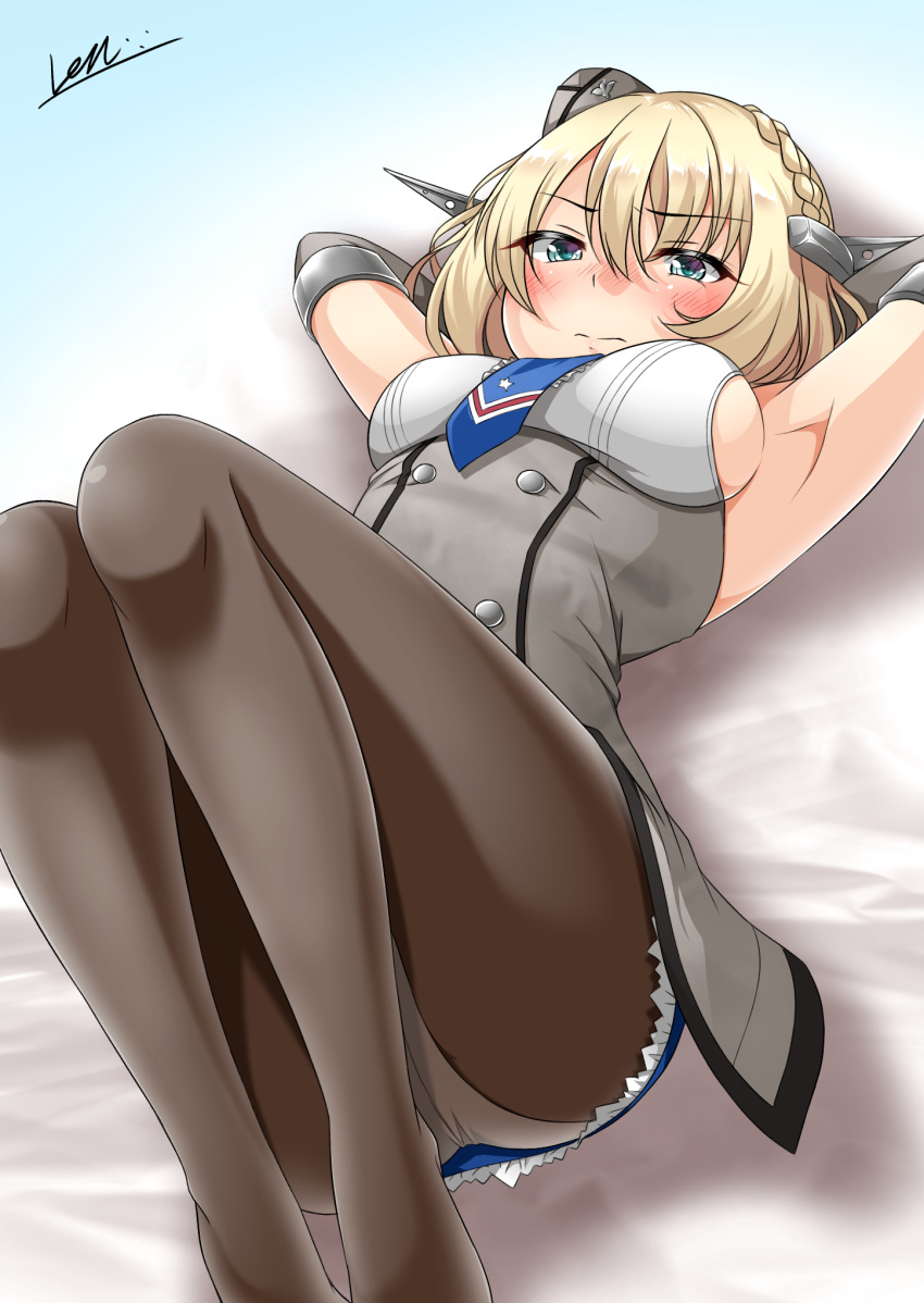 armpits arms_behind_head black_pantyhose blonde_hair blue_background blue_eyes blue_necktie braid breasts colorado_(kancolle) commentary_request dress elbow_gloves feet_out_of_frame female garrison_cap gloves gradient_background grey_dress hat headgear highres kantai_collection kazami_ren_(fuushagoya) lying medium_breasts necktie panties panties_under_pantyhose pantyhose pleated_dress shirt short_hair side_braid sideboob signature single_braid sleeveless solo underwear white_shirt