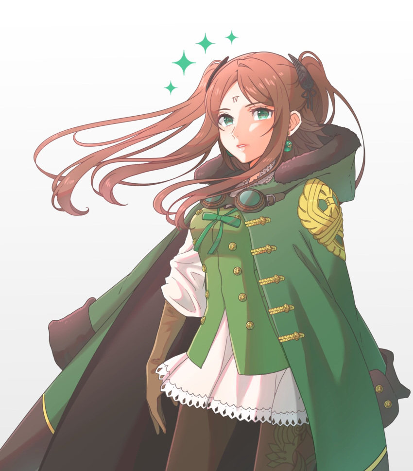 bad_id bad_twitter_id black_pantyhose brown_gloves brown_hair coat drag-on_dragoon drag-on_dragoon_3 dress earrings female floating_hair forehead_tattoo four_(drag-on_dragoon) fur_trim gloves goggles goggles_around_neck green_coat green_eyes green_ribbons green_vest highres hood hood_down hooded_coat jewelry long_hair long_sleeves number_tattoo open_clothes open_coat pantyhose parted_lips ribbon roman_numeral short_dress sidelocks solo tattoo toufu_(toufu_53) two_side_up vest white_dress