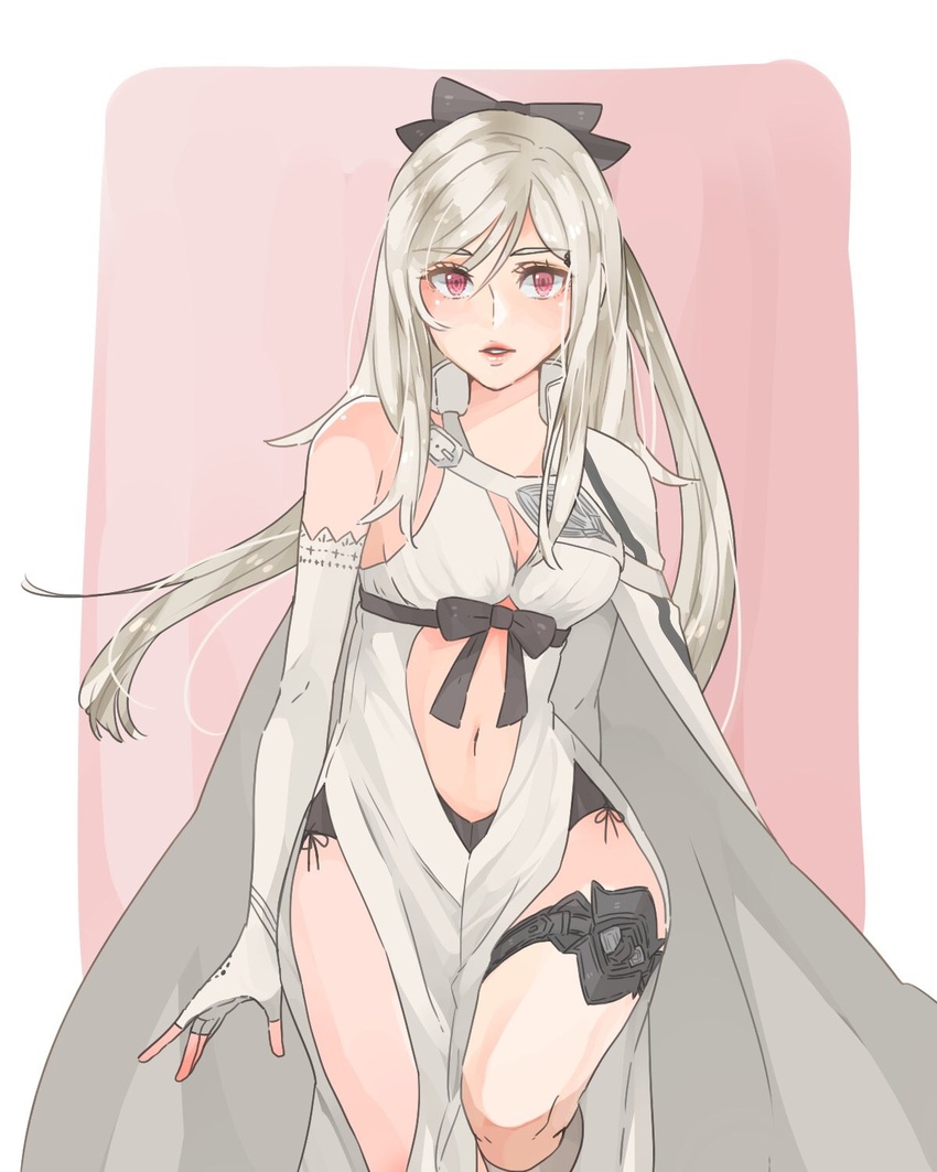 bad_id bad_twitter_id black_bow bow breasts cape cleavage drag-on_dragoon drag-on_dragoon_3 dress elbow_gloves female gloves hairbow highres kneehighs leg_up long_hair looking_at_viewer medium_breasts navel parted_lips pink_eyes side_cape silver_hair single_bare_shoulder socks solo thigh_strap toufu_(toufu_53) white_cape white_dress white_gloves white_socks zero_(drag-on_dragoon)