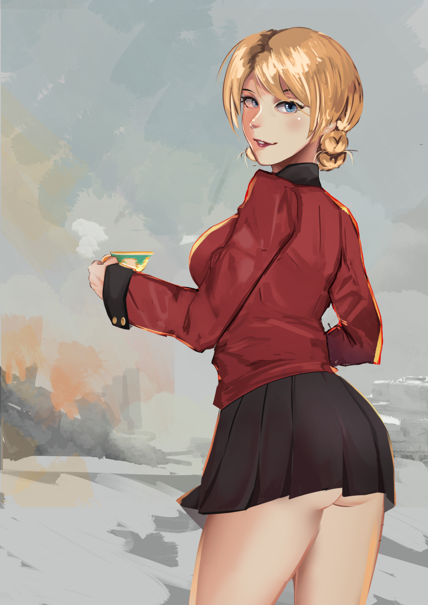 absurdres ass bad_id bad_pixiv_id black_skirt blonde_hair blue_eyes blush braid commentary cup darjeeling_(girls_und_panzer) female from_behind girls_und_panzer highres holding holding_cup jacket kowaremashita lipstick long_sleeves looking_at_viewer looking_back makeup military military_uniform miniskirt painterly parted_lips pleated_skirt red_jacket red_lips short_hair skirt smile solo st._gloriana's_military_uniform standing teacup thighs tied_hair twin_braids uniform