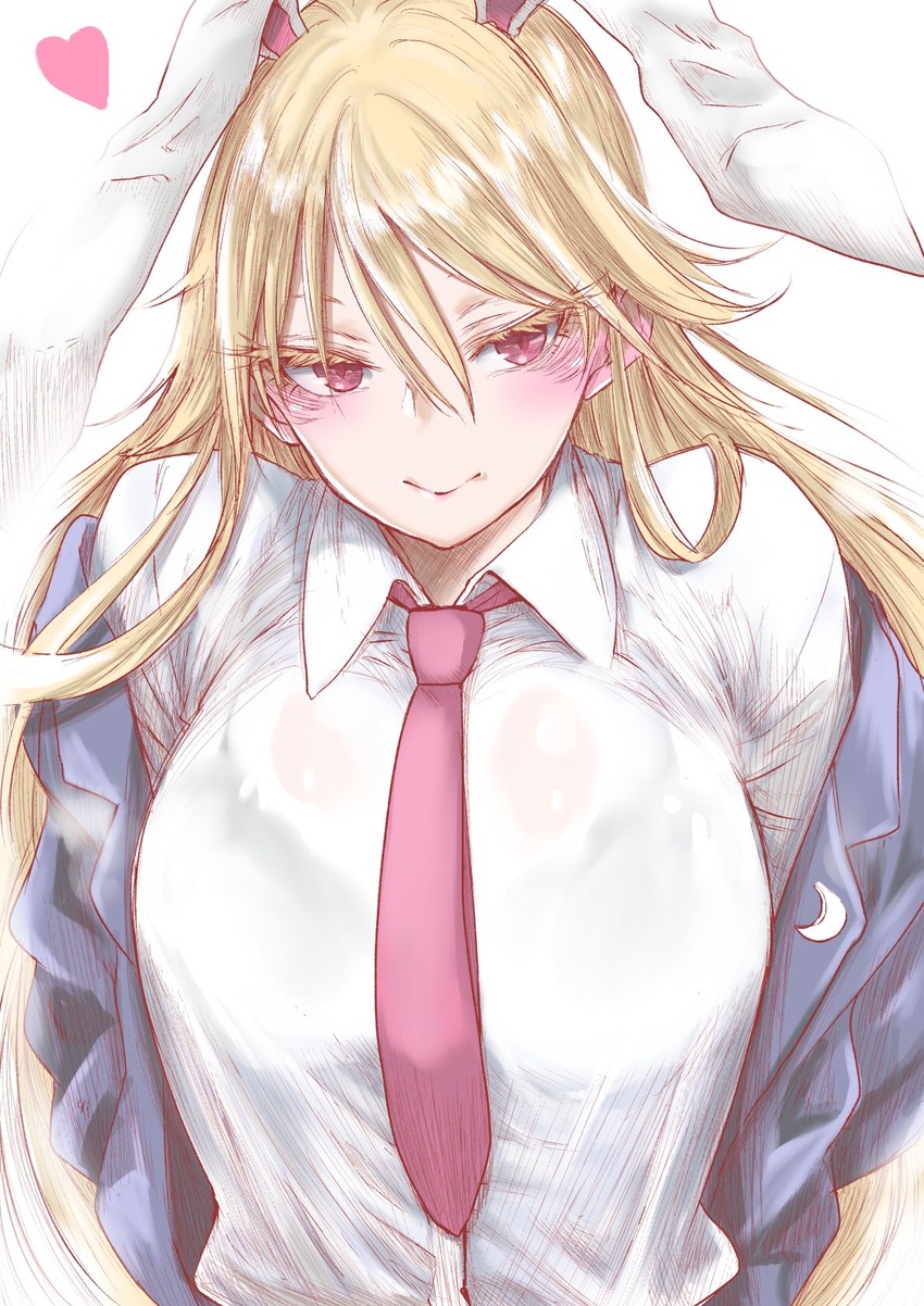 animal_ears bags_under_eyes blazer blonde_hair blue_jacket blush bra_visible_through_clothes breasts chikado closed_mouth colored_eyelashes commentary_request cosplay crescent crescent_pin eyelashes female hair_between_eyes heart highres jacket junko_(touhou) large_breasts long_hair necktie off_shoulder open_clothes open_jacket rabbit_ears red_eyes red_necktie reisen_udongein_inaba reisen_udongein_inaba_(cosplay) shirt smile solo touhou tsurime upper_body very_long_hair white_background white_shirt