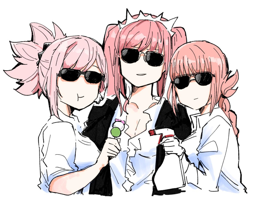 3girls :t :| aviator_sunglasses black-framed_eyewear black_jacket black_scrunchie bottle braid braided_hair_rings breasts chewing cleavage closed_mouth collared_shirt crown dango dress_shirt fate/grand_order fate_(series) florence_nightingale_(fate) food frilled_shirt frills gloves hair_ornament hair_rings hairband holding holding_bottle holding_food jacket jacket_on_shoulders medb_(fate) miyamoto_musashi_(fate) multiple_girls open_clothes open_jacket open_shirt pink_hair popped_collar rectangular_eyewear sakeno_rarukan scrunchie shirt simple_background smile smug spray_bottle sunglasses swept_bangs teeth twintails upper_body wagashi white_background white_gloves white_headwear white_shirt