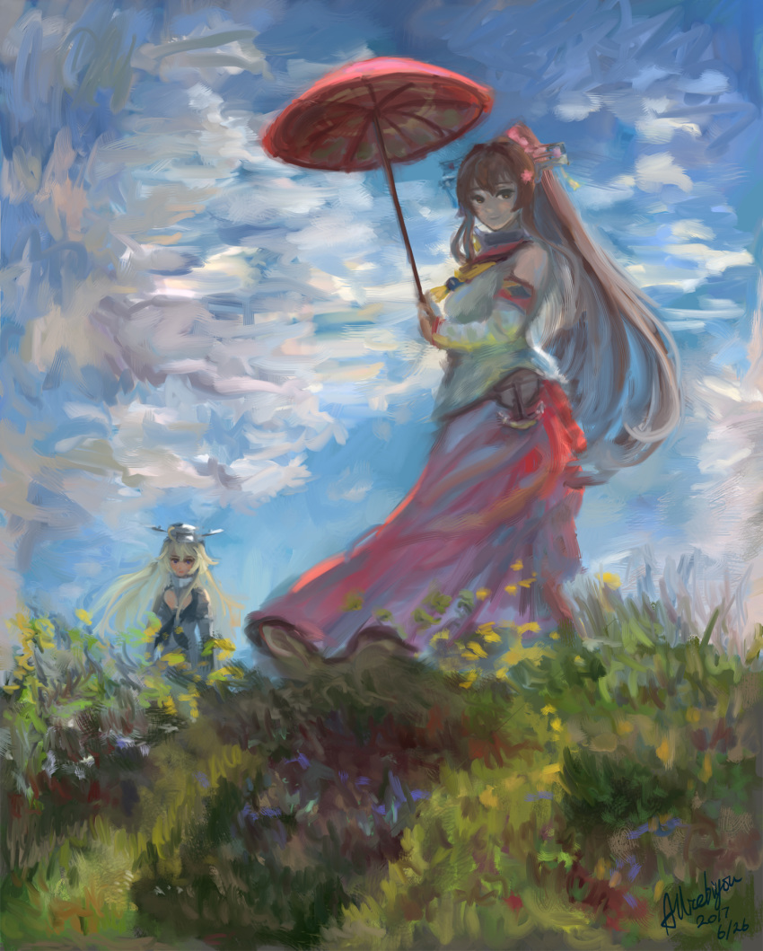 2girls adapted_costume arise_(allicenogalca) blonde_hair blush breasts brown_hair claude_monet_(style) cloud commentary_request dated day detached_sleeves fine_art_parody flower grass hair_flower hair_ornament headgear highres holding impressionism iowa_(kancolle) kantai_collection long_hair multiple_girls outdoors parasol parody ponytail signature skirt sky standing three_quarter_view umbrella woman_with_a_parasol yamato_(kancolle)