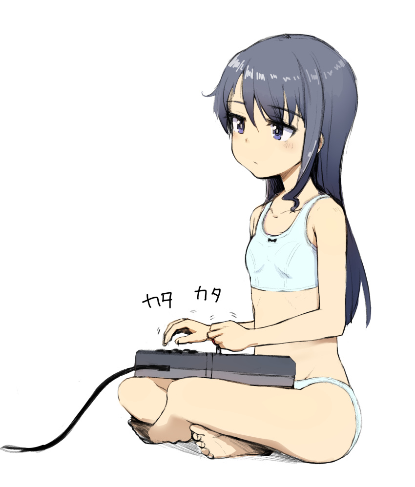 alice_gear_aegis asymmetrical_bangs bare_arms bare_legs bare_shoulders barefoot black_bow black_hair blue_bra blue_panties blush bow bow_bra bra breasts closed_mouth collarbone commentary_request controller crossed_legs expressionless female full_body game_controller groin hair_between_eyes highres jitome koashi_mutsumi light_blush long_hair looking_away momo_(higanbana_and_girl) panties playing_games purple_eyes shadow simple_background sitting small_breasts solo training_bra underwear underwear_only white_background