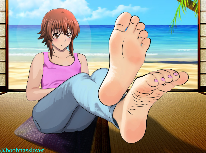 barefoot blue_pants boobnasslover brown_hair commentary_request denim feet female grand_blue highres jeans kotegawa_chisa nail_polish pants pink_shirt pose self-upload shirt short_hair smile soles solo tank_top toenail_polish toenails toes yellow_eyes