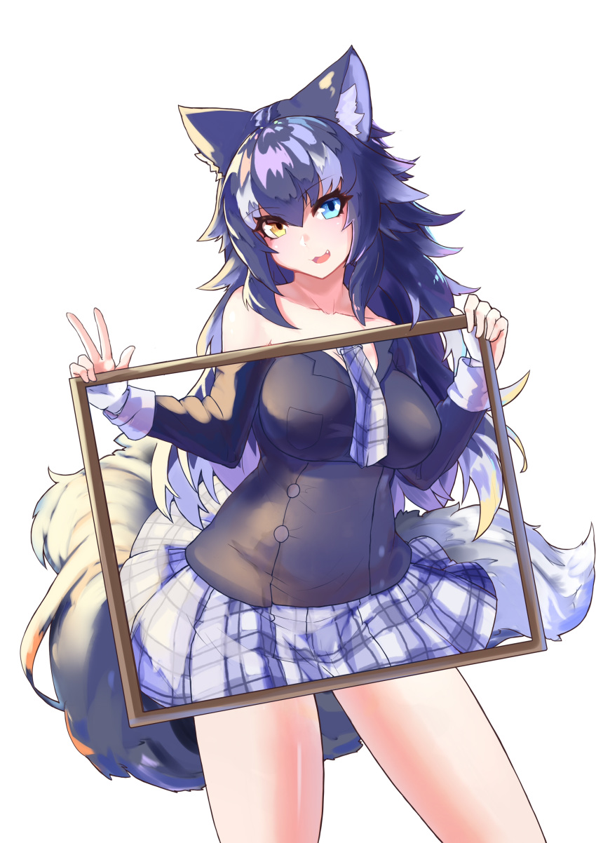 absurdres animal_ear_fluff animal_ears bare_shoulders blue_eyes blue_hair boy_(pixiv17542438) breast_pocket breasts buttons collarbone commentary_request covering_privates cowboy_shot female gloves grey_wolf_(kemono_friends) hair_between_eyes hands_up heterochromia highres holding jacket kemono_friends long_hair long_sleeves looking_at_viewer multicolored_hair necktie nude oerba_yun_fang open_mouth plaid plaid_necktie plaid_skirt pocket reverse_x-ray simple_background skirt smile solo standing tail two-tone_hair v white_background white_gloves white_hair wolf_ears wolf_girl wolf_tail yellow_eyes