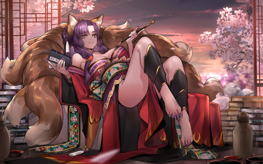 absurdres animal_ear_fluff animal_ears artist_name bare_shoulders book book_stack breasts cherry_blossoms clothes_between_thighs commentary commission female fingernails floral_print flower fox_ears fox_tail full_body gourd hair_tubes highres holding holding_smoking_pipe huge_breasts japanese_clothes kamidori_alchemy_meister kimono kiseru kitsune kohakuren kyuubi long_fingernails long_hair long_toenails multiple_tails nail_polish neonbeat no_panties obi off_shoulder purple_hair purple_nails reclining red_kimono sash sharp_fingernails slit_pupils smile smoking_pipe solo tail toenail_polish toenails wide_sleeves yellow_eyes