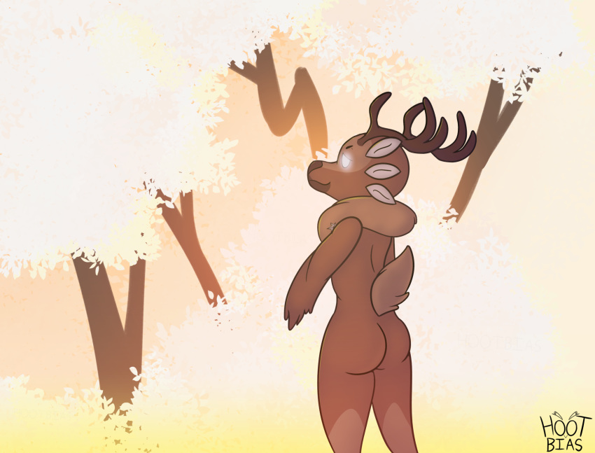 2019 anthro antlers ass brown_body brown_fur cervine crossed_arms deer female fur glowing glowing_eyes gwen_(spiritfarer) half-closed_eyes hi_res hootbias horn mammal multi_ear narrowed_eyes neck_tuft simple_background smile smug solo spiritfarer standing thunder_lotus_games tuft white_background