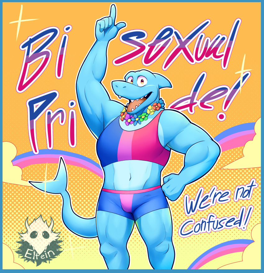 2019 5_fingers absurd_res anthro bisexual_pride_colors blue_border border bottomwear clothing crop_top digital_media_(artwork) elfein english_text fingers fish hi_res lgbt_pride looking_at_viewer male marine midriff onix_(onixhope) open_mouth positive_message pride_color_bottomwear pride_color_clothing pride_color_topwear pride_colors shark shirt shorts smile solo super_gay text topwear