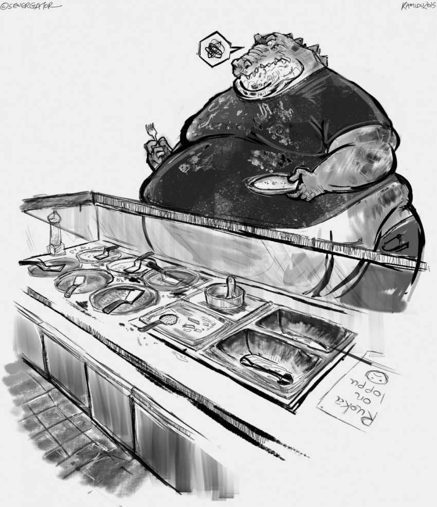 alligator alligatorid annoyed anthro aokamidu belly belly_overhang big_belly buffet clothed clothing crocodilian cutlery dialogue double_chin finnish_text fork greyscale hi_res holding_object inside kitchen_utensils male midriff monochrome moobs obese obese_anthro obese_male overweight overweight_anthro overweight_male pictographics plate reptile scales scalie solo speech_bubble standing teeth text tools translated