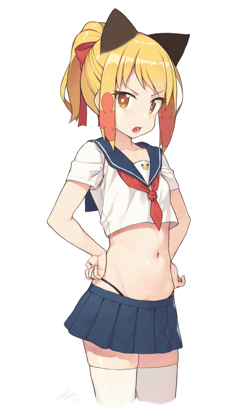 :o absurdres bad_id bad_twitter_id blonde_girl_(cloba) blonde_hair blue_sailor_collar blue_skirt breasts bright_pupils brown_eyes cloba collarbone commentary_request cowboy_shot crop_top crop_top_overhang cropped_legs female frown groin hair_ribbon hands_on_own_hips highleg highres inactive_account long_hair looking_at_viewer midriff miniskirt navel necktie open_mouth original panty_straps pleated_skirt ponytail red_necktie red_ribbon ribbon sailor_collar school_uniform serafuku shirt short_necktie short_sleeves sidelocks signature simple_background skirt small_breasts solo standing stomach thighhighs v-shaped_eyebrows white_background white_shirt white_thighhighs zettai_ryouiki