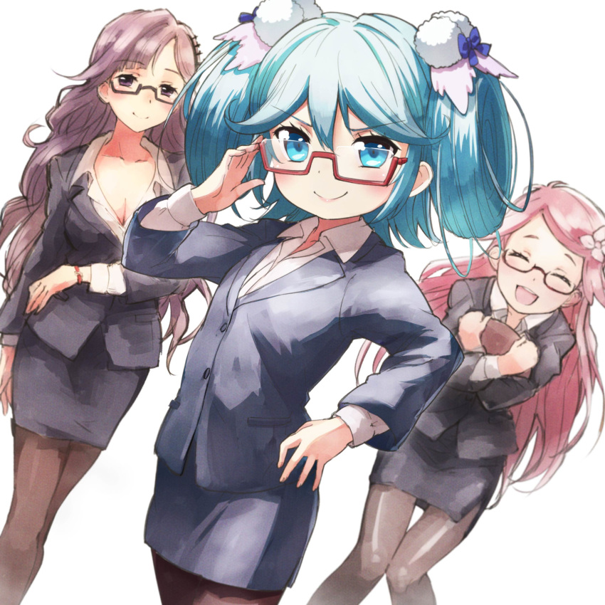 >:) 3girls :d ^_^ absurdres adjusting_eyewear age_difference black-framed_eyewear black_jacket blue_eyes blue_hair blue_jacket blush breasts brown_hair brown_legwear business_suit cleavage closed_eyes closed_mouth collarbone collared_shirt commentary dress_shirt dutch_angle fantasista_doll fingernails flower formal glasses hair_flower hair_ornament hair_rings hand_on_own_hip highres jacket katia_(fantasista_doll) long_hair long_sleeves madeleine_(fantasista_doll) medium_breasts multiple_girls nyama office_lady open_mouth pantyhose pencil_skirt pink_hair purple_eyes purple_hair red-framed_eyewear semi-rimless_eyewear shimeji_(fantasista_doll) shirt skirt skirt_suit smile suit under-rim_eyewear v-shaped_eyebrows very_long_hair white_flower white_shirt