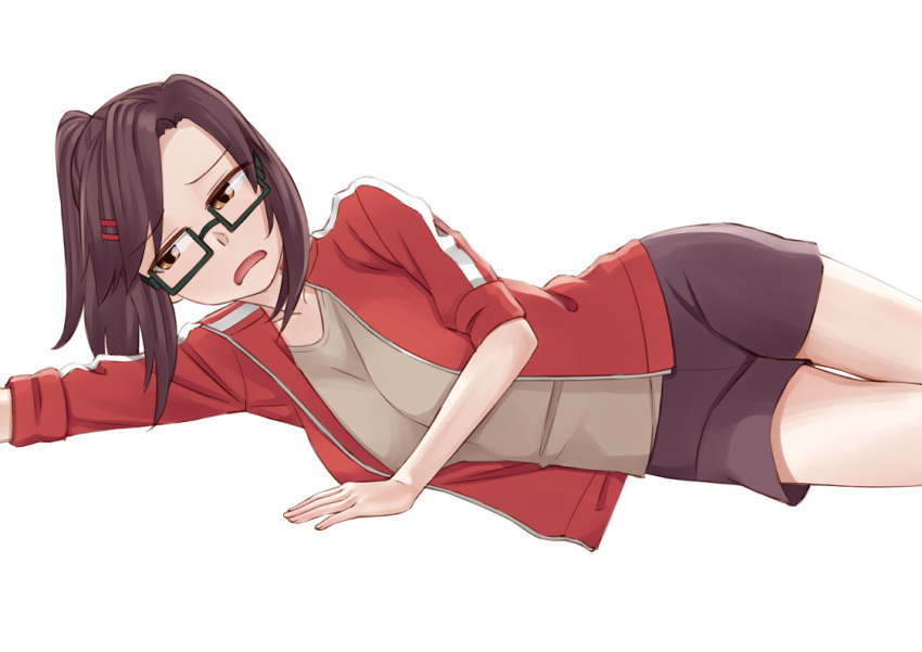 black-framed_eyewear black_shorts brown_eyes brown_hair commentary_request easy_(aqk7bdqt) female glasses hair_ornament hairclip jacket kouenji_(sewayaki_kitsune_no_senko-san) long_hair looking_at_viewer lying on_side open_mouth photoshop_(medium) ponytail red_jacket sewayaki_kitsune_no_senko-san short_sleeves shorts simple_background solo white_background