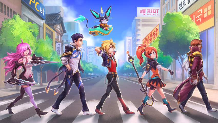 1other 2girls 3boys abbey_road ahoge album_cover_redraw alternate_costume ankle_boots asymmetrical_legwear battle_academia_(league_of_legends) battle_academia_ezreal battle_academia_jayce battle_academia_katarina battle_academia_lux battle_principal_yuumi battle_professor_graves beard black_footwear black_gloves black_legwear blazer blue_eyes blush book boots cityscape commentary crosswalk dagger derivative_work detached_sleeves dual_wielding english_commentary ezreal facial_hair feline floating full_body glasses gloves graves_(league_of_legends) hand_in_pocket high_heel_boots high_heels highres holding jacket jayce_(league_of_legends) katarina_(league_of_legends) knife league_of_legends long_hair lux_(league_of_legends) mismatched_legwear multiple_boys multiple_girls open_book orange_hair parody phantom_ix_row pink_hair purple_hair purple_legwear red_footwear road scar scar_across_eye scar_on_face school_uniform smile staff street the_beatles thighhighs walking weapon white_footwear yuumi_(league_of_legends)