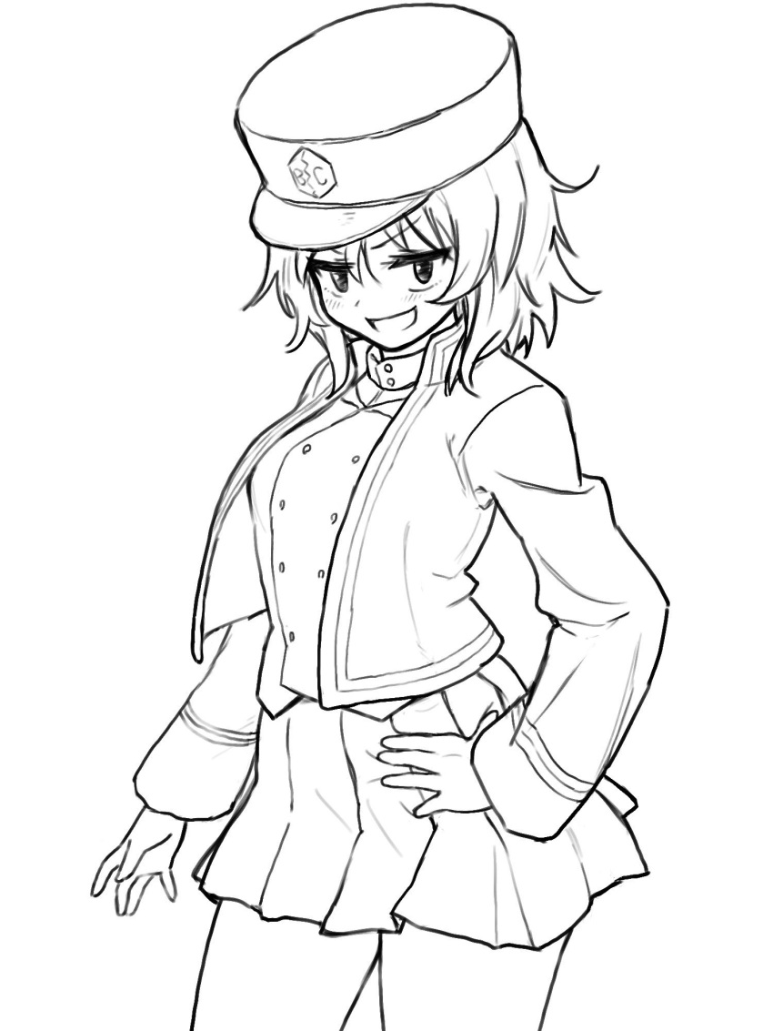 andou_(girls_und_panzer) bc_freedom_(emblem) bc_freedom_military_uniform blush commentary cowboy_shot dress_shirt emblem female girls_und_panzer greyscale hand_on_own_hip hat high_collar highres jacket kepi line_art long_sleeves looking_at_viewer medium_hair messy_hair military military_hat military_uniform miniskirt monochrome open_mouth pleated_skirt shirt skirt smile solo standing thighs uasi uniform vest