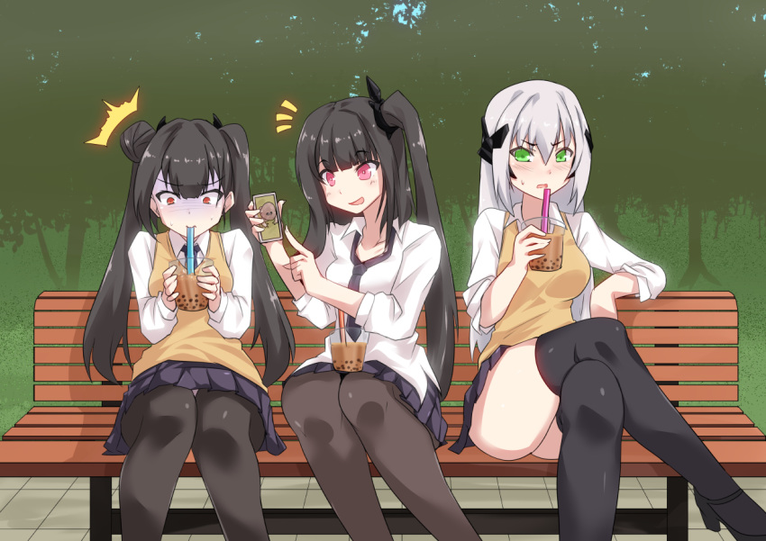 3girls architect_(girls'_frontline) bench black_hair bubble_tea cellphone commentary_request crossed_legs cup disposable_cup drinking drinking_straw forest gager_(girls'_frontline) girls'_frontline green_eyes hair_ornament long_hair multiple_girls nature necktie orange_eyes ouroboros_(girls'_frontline) park park_bench phone pink_eyes sangue_llia sangvis_ferri school_uniform side_ponytail skirt thighhighs thighs tree twintails vest white_hair