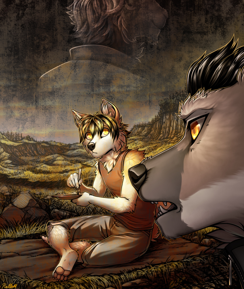 2019 4_toes 5_fingers akita akita_inu anthro barefoot black_hair black_nose canid canine canis claws clothed clothing conditional_dnp detailed_background digital_media_(artwork) domestic_dog faraden feet fingers fur grass group hair hi_res legacy_(ratte) male male_anthro mammal maned_wolf new_faraden pawpads pink_pawpads plant ratte reverend_(ratte) rodent saffron_(ratte) sciurid sitting soles spitz story story_in_description toes tree_squirrel white_body white_fur xhias yellow_eyes